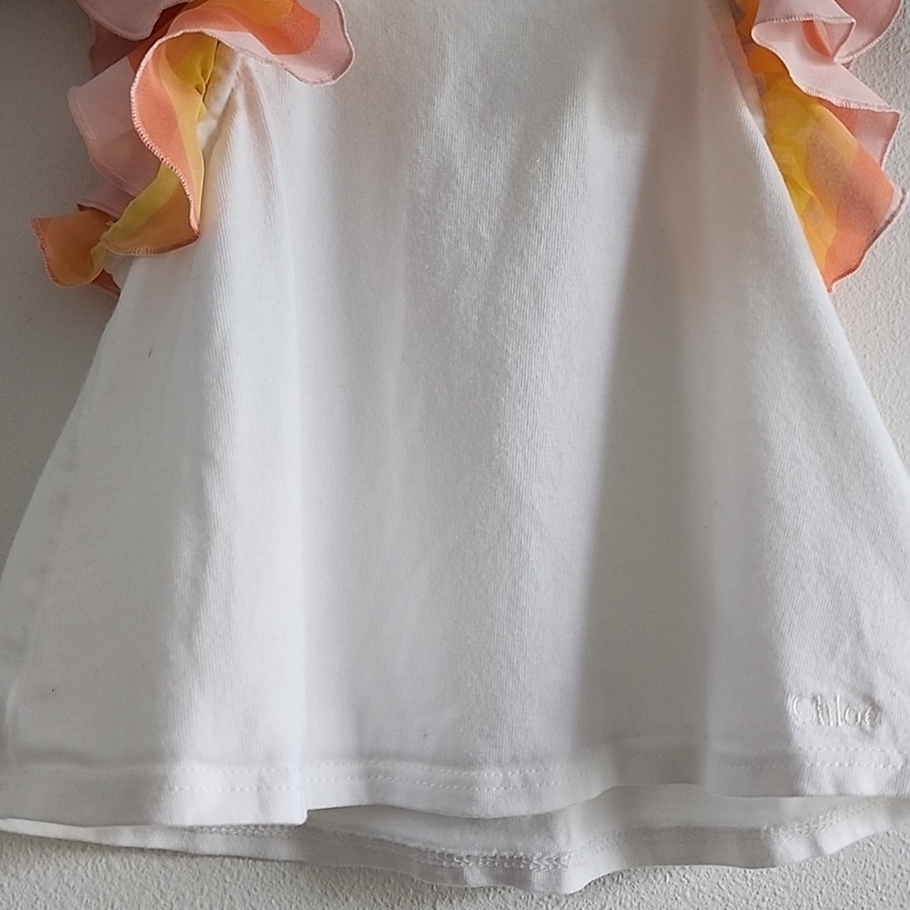 Chloé Paris Baby Girl's Designer White T-Shirt with Vibrant Ruffle Sleeves Sz 6M - Picture 4 of 14